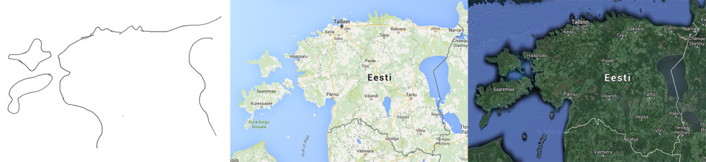 Erinevad Eesti kaardid (vasakult paremale): Taivo näpuga peast joonistatud kaart, Google'i kaart ja Google'i satelliitkaart